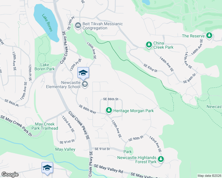 map of restaurants, bars, coffee shops, grocery stores, and more near 13812 Southeast 85th Street in Newcastle