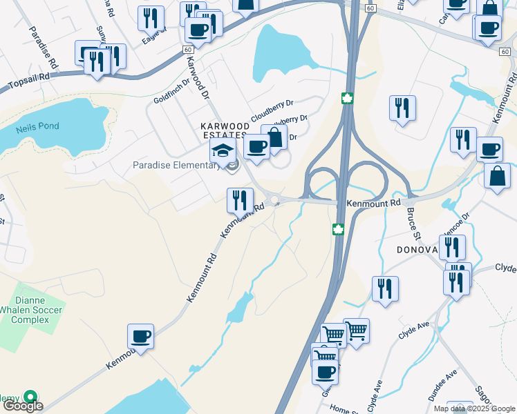 map of restaurants, bars, coffee shops, grocery stores, and more near 1110 Kenmount Road in Paradise