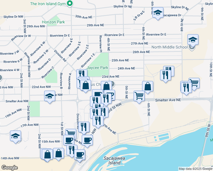 map of restaurants, bars, coffee shops, grocery stores, and more near 2108 4th Street Northeast in Great Falls