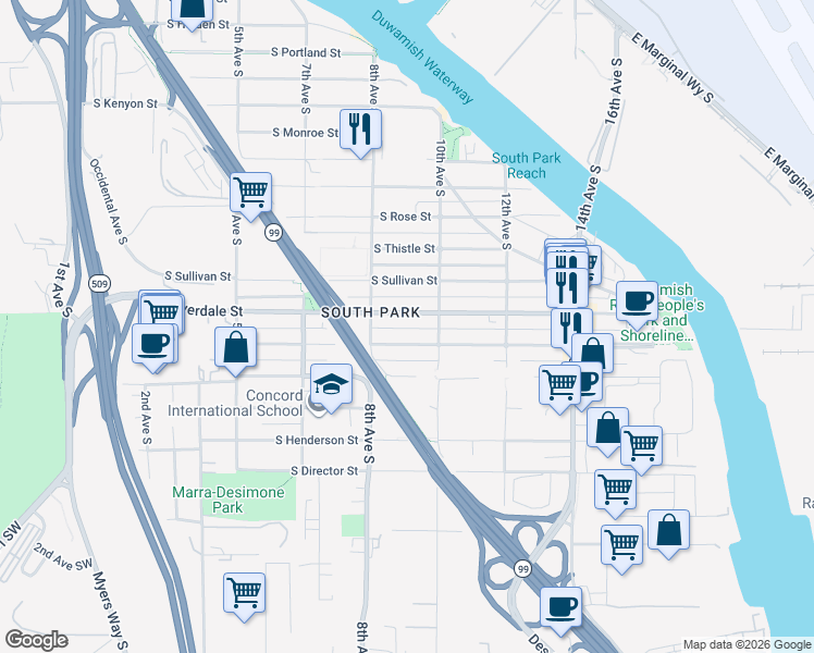 map of restaurants, bars, coffee shops, grocery stores, and more near 827 South Cloverdale Street in Seattle