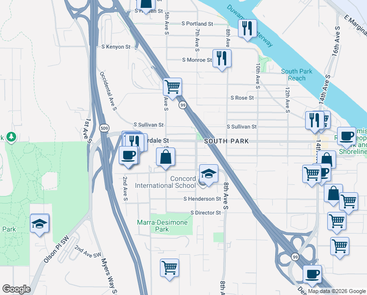 map of restaurants, bars, coffee shops, grocery stores, and more near 538 South Donovan Street in Seattle