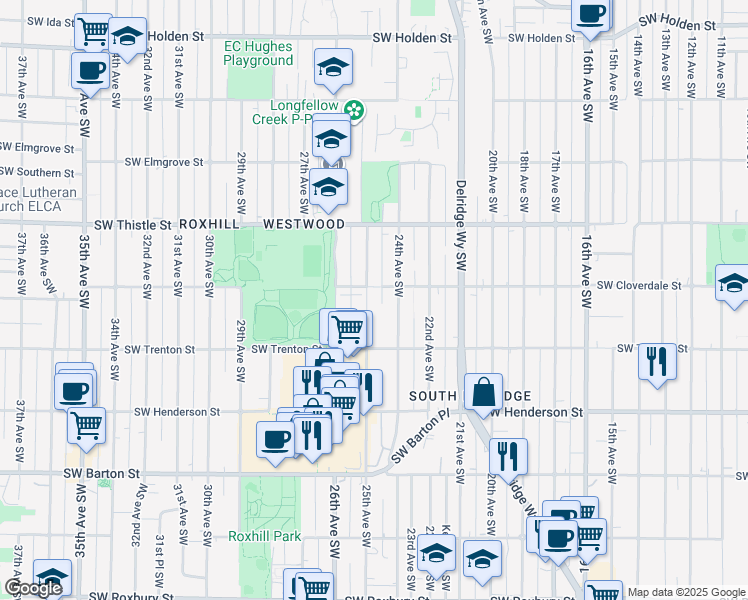 map of restaurants, bars, coffee shops, grocery stores, and more near 8615 24th Avenue Southwest in Seattle