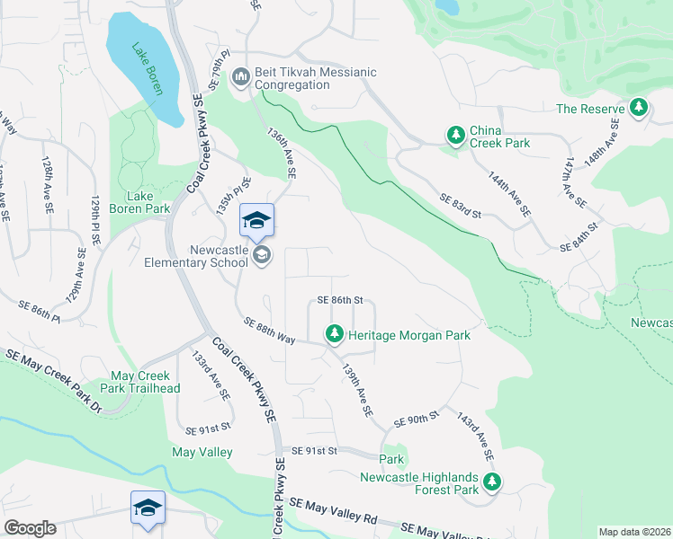 map of restaurants, bars, coffee shops, grocery stores, and more near 13806 Southeast 85th Street in Newcastle