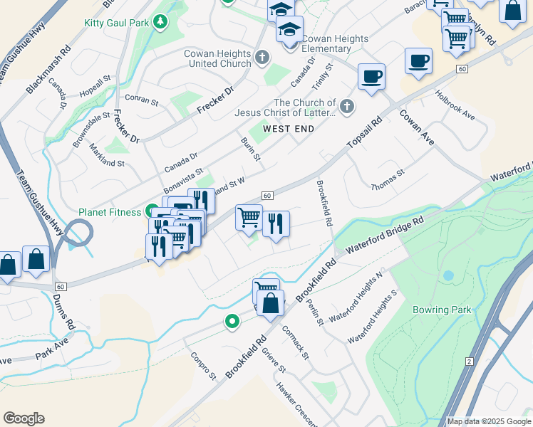 map of restaurants, bars, coffee shops, grocery stores, and more near 67 Lester Street in St. John's