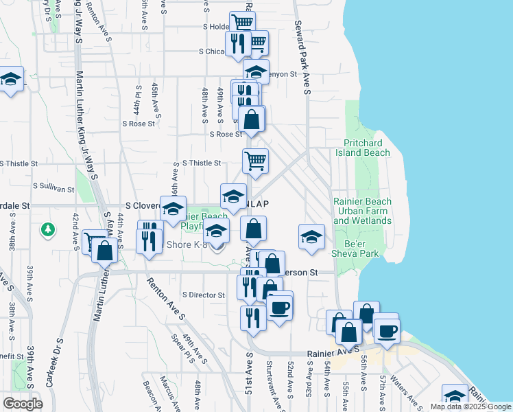 map of restaurants, bars, coffee shops, grocery stores, and more near 8600 Rainier Avenue South in Seattle