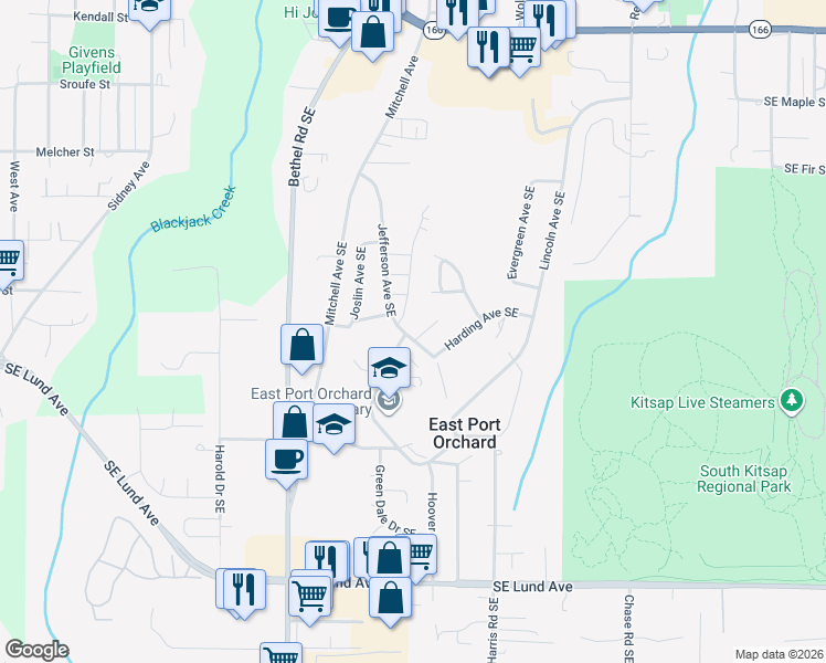 map of restaurants, bars, coffee shops, grocery stores, and more near 2476 Gillette Drive Southeast in Port Orchard