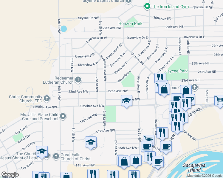 map of restaurants, bars, coffee shops, grocery stores, and more near 253 22nd Avenue Northwest in Great Falls