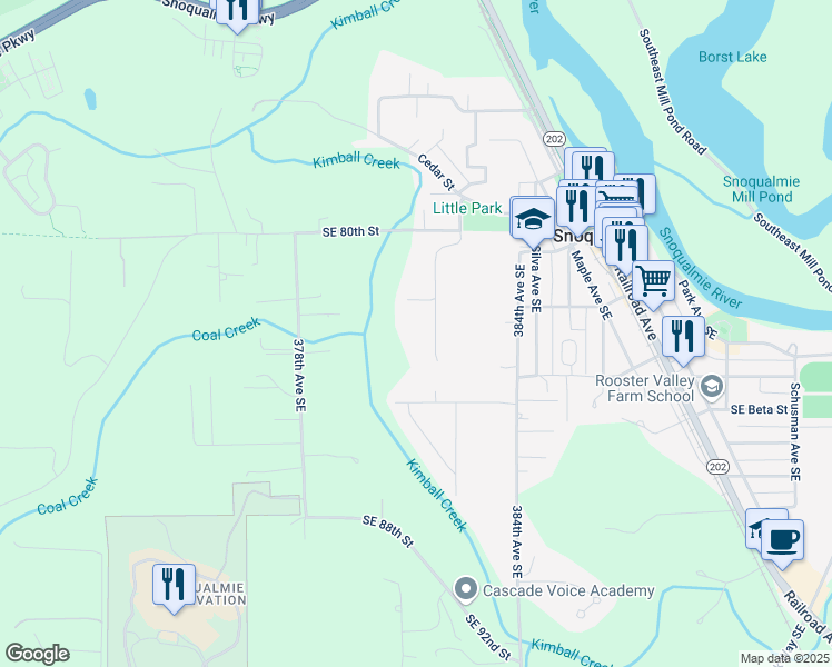 map of restaurants, bars, coffee shops, grocery stores, and more near 8215 382nd Avenue Southeast in Snoqualmie