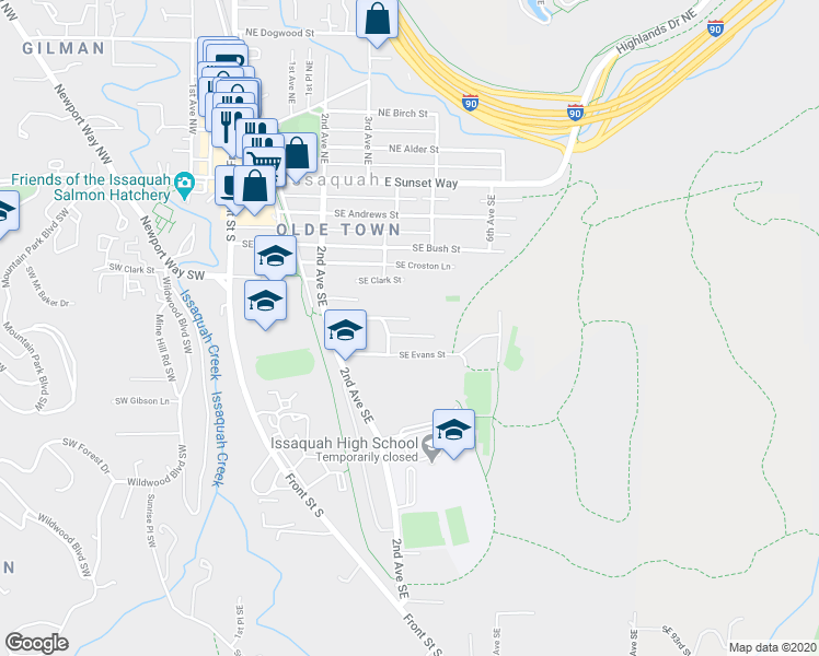 map of restaurants, bars, coffee shops, grocery stores, and more near 460 Southeast Evans Lane in Issaquah