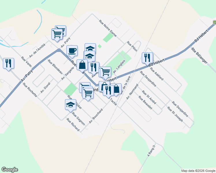 map of restaurants, bars, coffee shops, grocery stores, and more near 620 Rue Hudon in Saint-Pascal