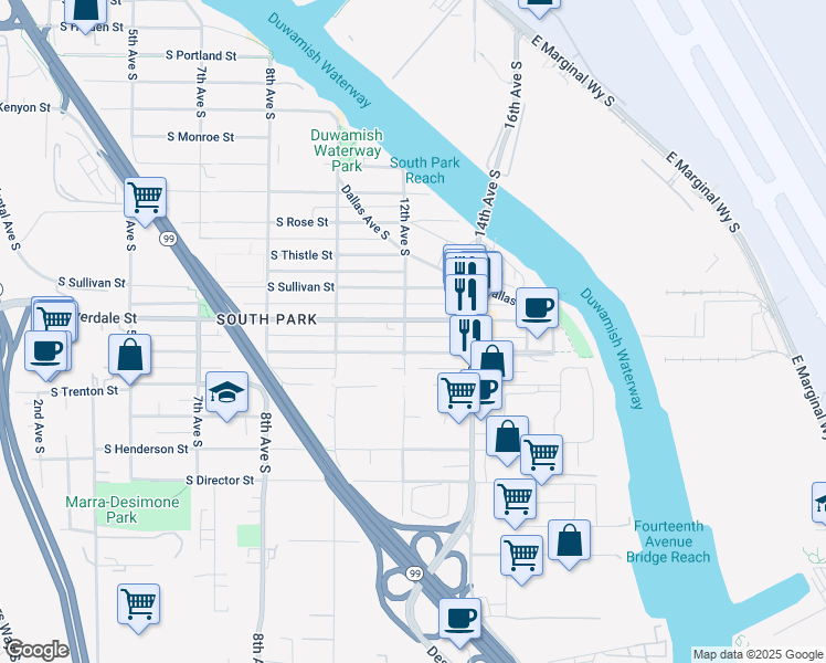 map of restaurants, bars, coffee shops, grocery stores, and more near 1202 South Donovan Street in Seattle