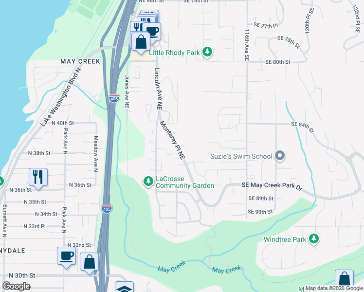 map of restaurants, bars, coffee shops, grocery stores, and more near 3815 Monterey Place Northeast in Renton