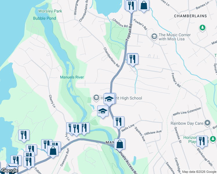 map of restaurants, bars, coffee shops, grocery stores, and more near 2070 Woody Lane in Conception Bay South