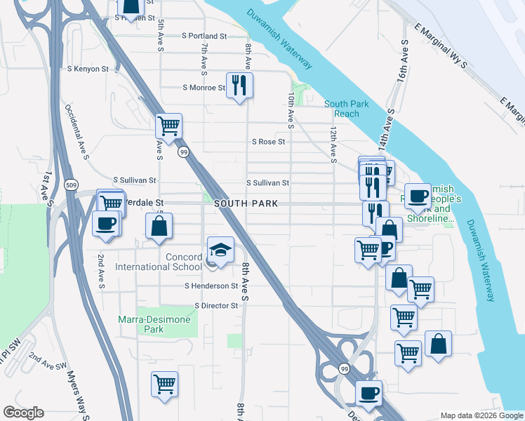 map of restaurants, bars, coffee shops, grocery stores, and more near 821 South Cloverdale Street in Seattle