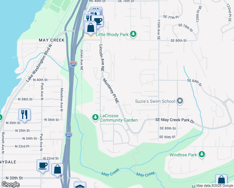 map of restaurants, bars, coffee shops, grocery stores, and more near 3815 Monterey Place Northeast in Renton