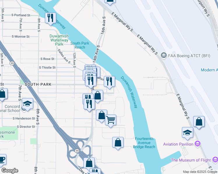 map of restaurants, bars, coffee shops, grocery stores, and more near 1450 South Donovan Street in Seattle