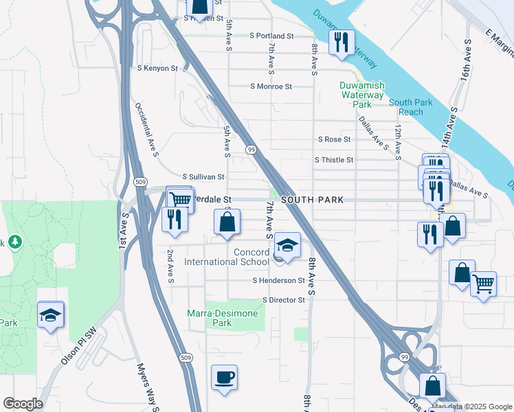 map of restaurants, bars, coffee shops, grocery stores, and more near 538 South Donovan Street in Seattle