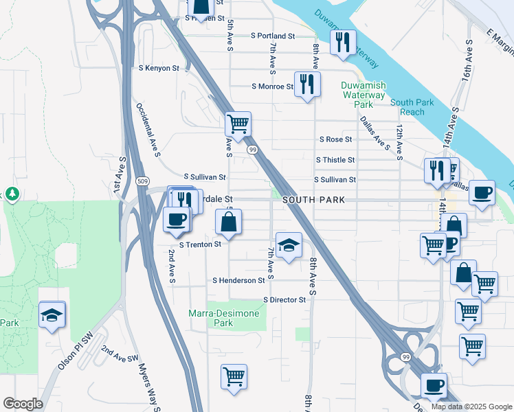 map of restaurants, bars, coffee shops, grocery stores, and more near 538 South Donovan Street in Seattle