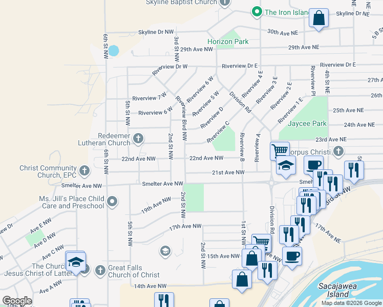 map of restaurants, bars, coffee shops, grocery stores, and more near 253 22nd Avenue Northwest in Great Falls