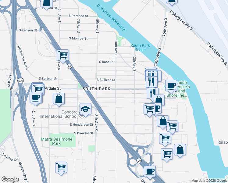 map of restaurants, bars, coffee shops, grocery stores, and more near 855 S Cloverdale St in Seattle
