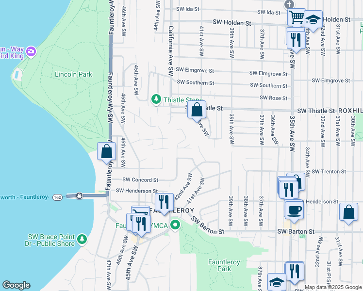 map of restaurants, bars, coffee shops, grocery stores, and more near 8624 Fauntlee Crest Southwest in Seattle