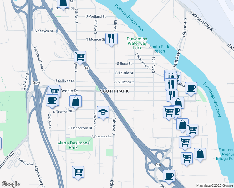 map of restaurants, bars, coffee shops, grocery stores, and more near 8604 8th Avenue South in Seattle