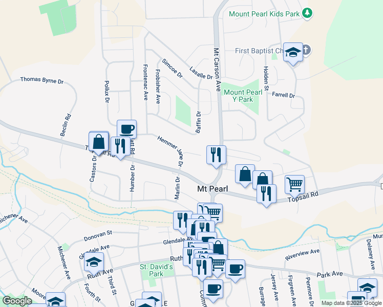 map of restaurants, bars, coffee shops, grocery stores, and more near Corte Real Place in Mount Pearl