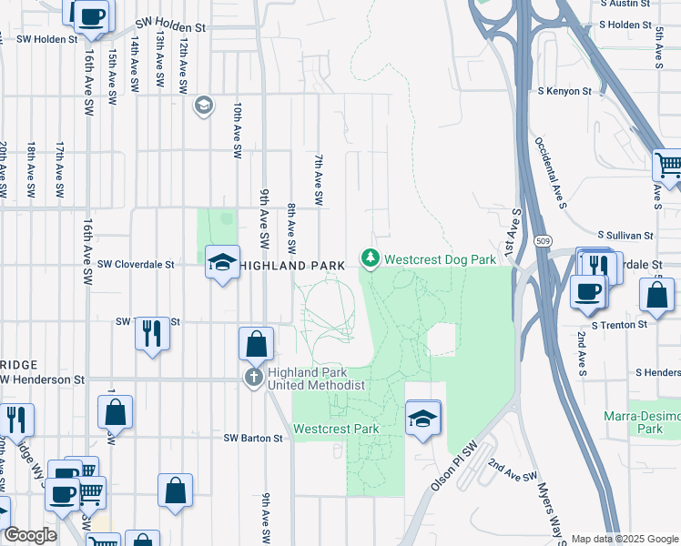 map of restaurants, bars, coffee shops, grocery stores, and more near 8456 6th Avenue Southwest in Seattle