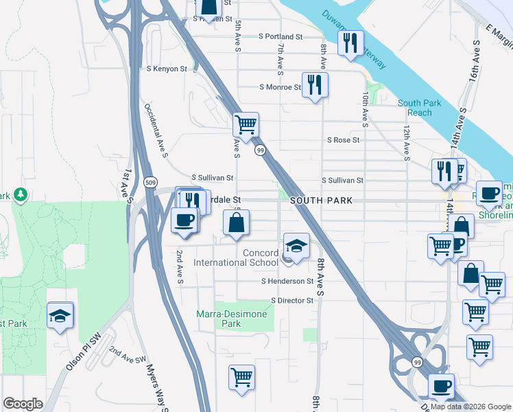 map of restaurants, bars, coffee shops, grocery stores, and more near 527 South Cloverdale Street in Seattle