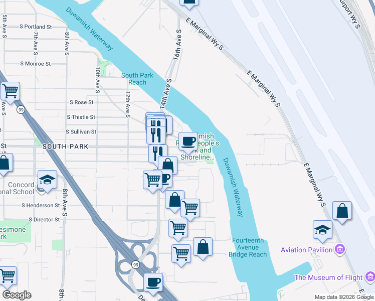 map of restaurants, bars, coffee shops, grocery stores, and more near 8602 16th Avenue South in Seattle