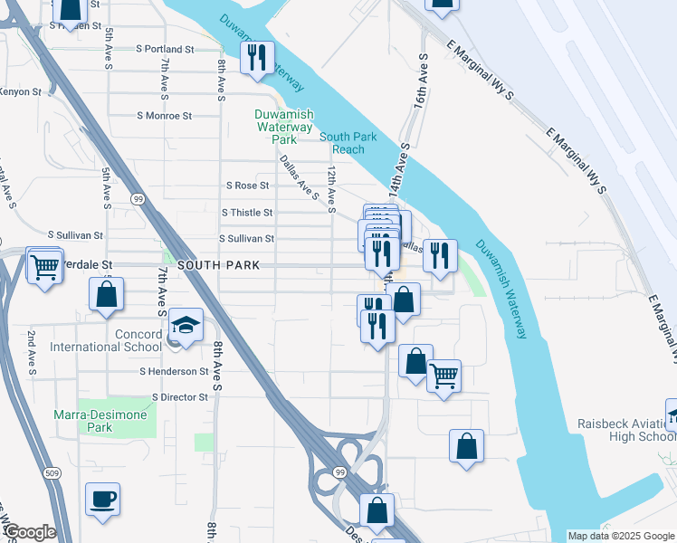 map of restaurants, bars, coffee shops, grocery stores, and more near 1201 South Cloverdale Street in Seattle
