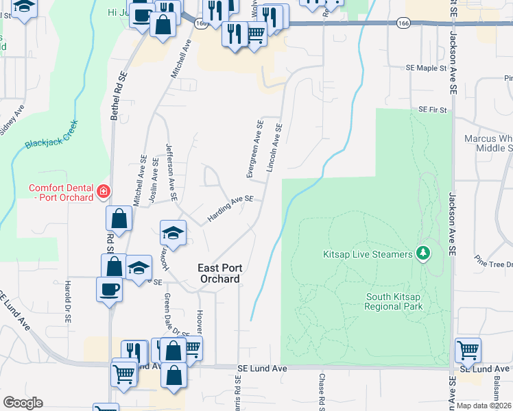 map of restaurants, bars, coffee shops, grocery stores, and more near 2478 Lincoln Avenue Southeast in Port Orchard