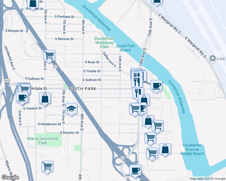 map of restaurants, bars, coffee shops, grocery stores, and more near 1025 South Cloverdale Street in Seattle