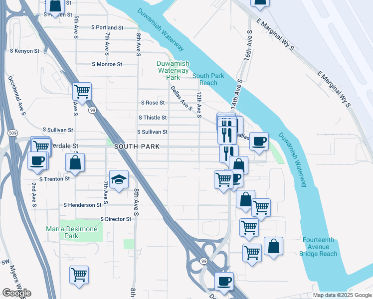 map of restaurants, bars, coffee shops, grocery stores, and more near 1025 South Cloverdale Street in Seattle