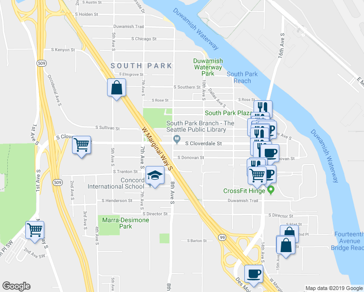 map of restaurants, bars, coffee shops, grocery stores, and more near 827 South Cloverdale Street in Seattle