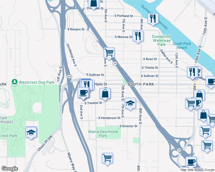 map of restaurants, bars, coffee shops, grocery stores, and more near 502 South Donovan Street in Seattle