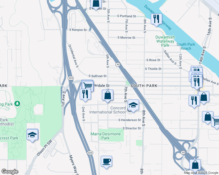 map of restaurants, bars, coffee shops, grocery stores, and more near 502 South Donovan Street in Seattle