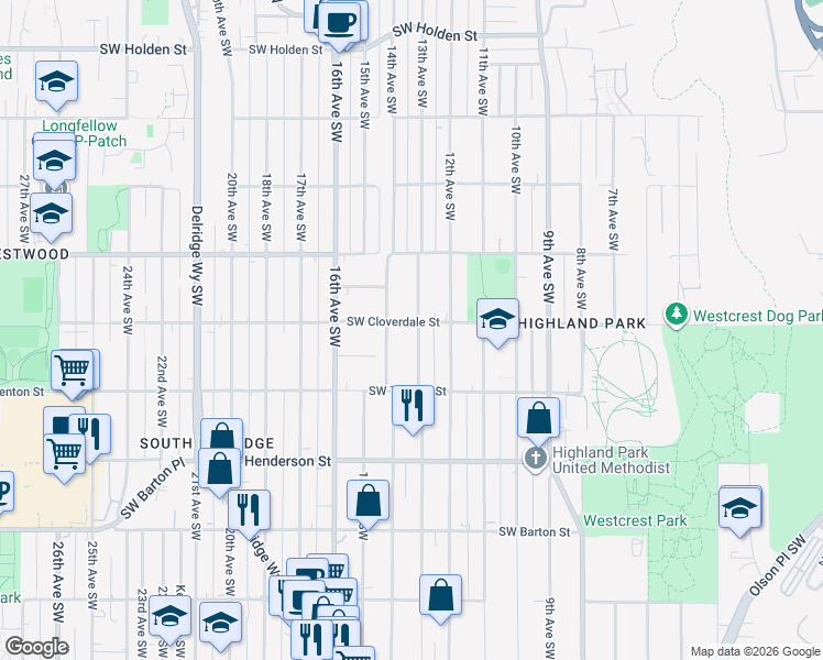 map of restaurants, bars, coffee shops, grocery stores, and more near 8615 13th Avenue Southwest in Seattle