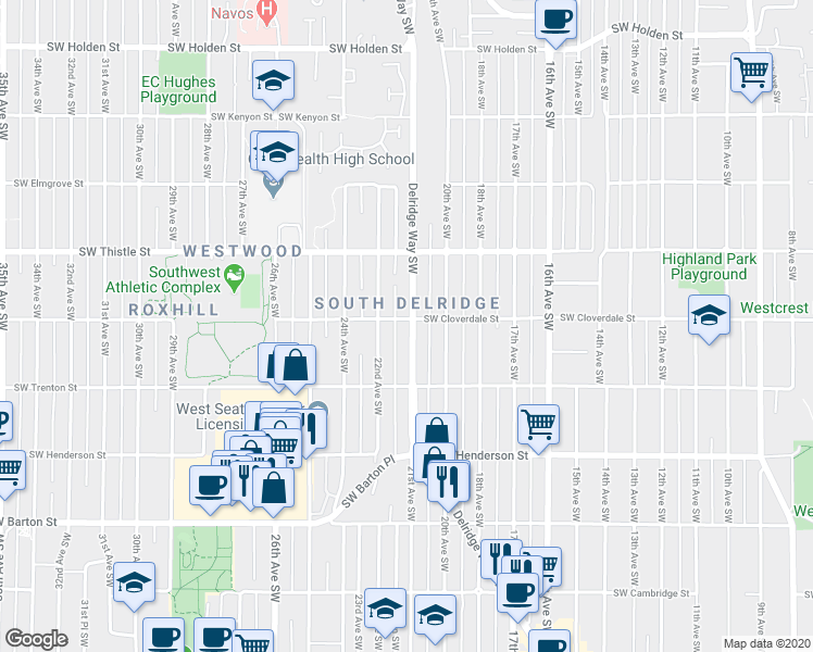 map of restaurants, bars, coffee shops, grocery stores, and more near 8617 Delridge Way Southwest in Seattle