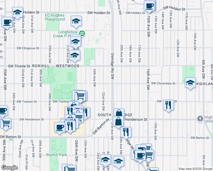 map of restaurants, bars, coffee shops, grocery stores, and more near 8617 Delridge Way Southwest in Seattle