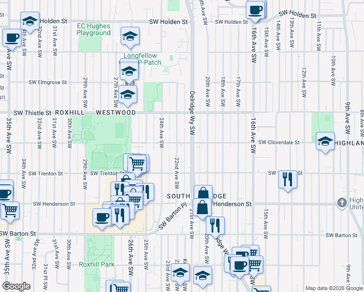 map of restaurants, bars, coffee shops, grocery stores, and more near 8617 Delridge Way Southwest in Seattle