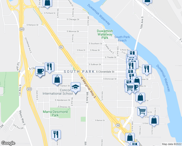 map of restaurants, bars, coffee shops, grocery stores, and more near 803 South Cloverdale Street in Seattle
