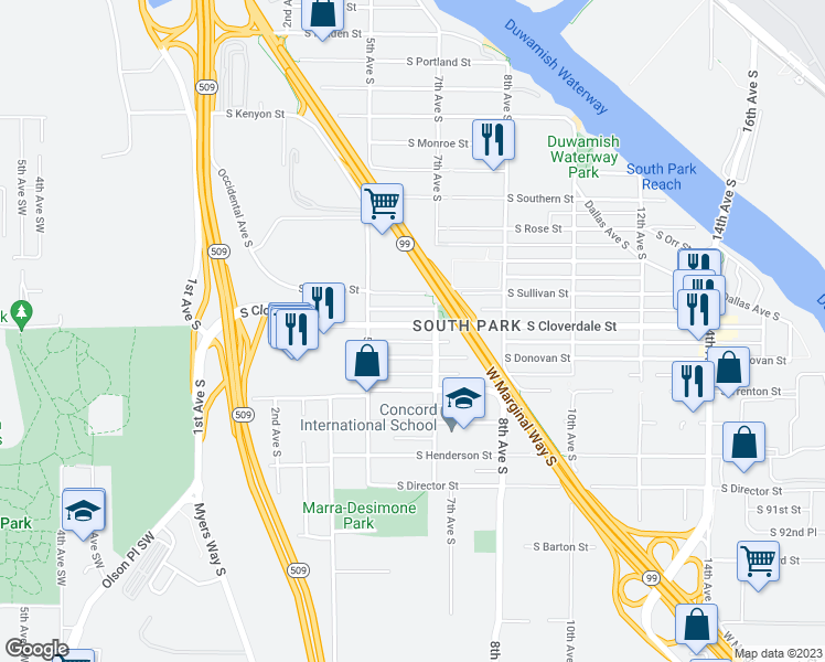 map of restaurants, bars, coffee shops, grocery stores, and more near 541 South Cloverdale Street in Seattle