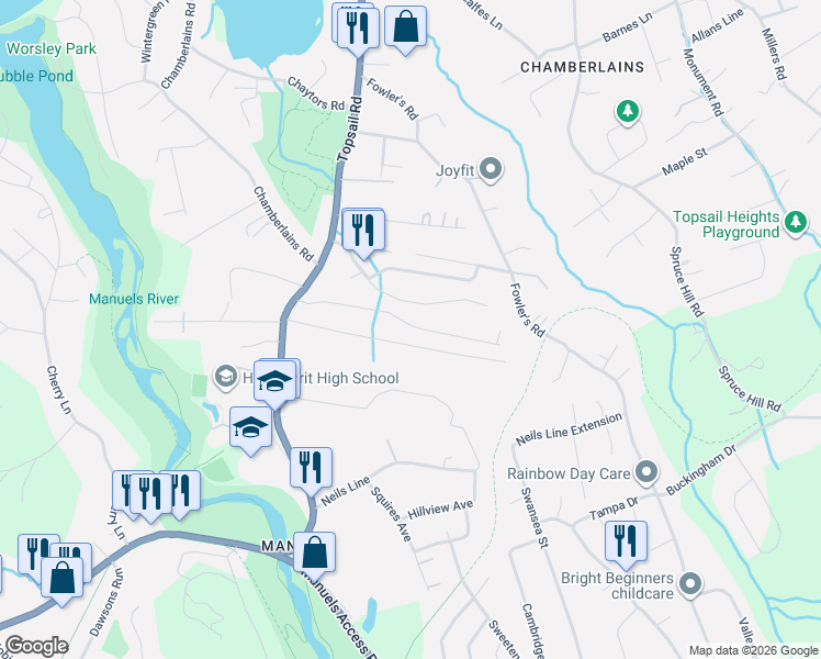 map of restaurants, bars, coffee shops, grocery stores, and more near 44 Ewings Road in Conception Bay South