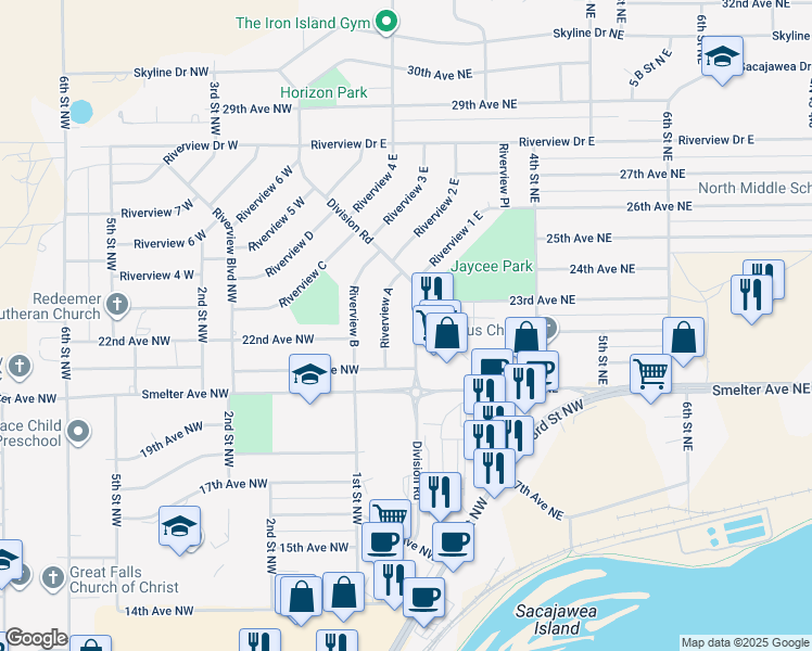 map of restaurants, bars, coffee shops, grocery stores, and more near 30 Division Road in Great Falls