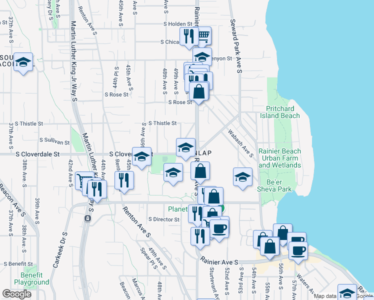 map of restaurants, bars, coffee shops, grocery stores, and more near 5006 South Cloverdale Street in Seattle