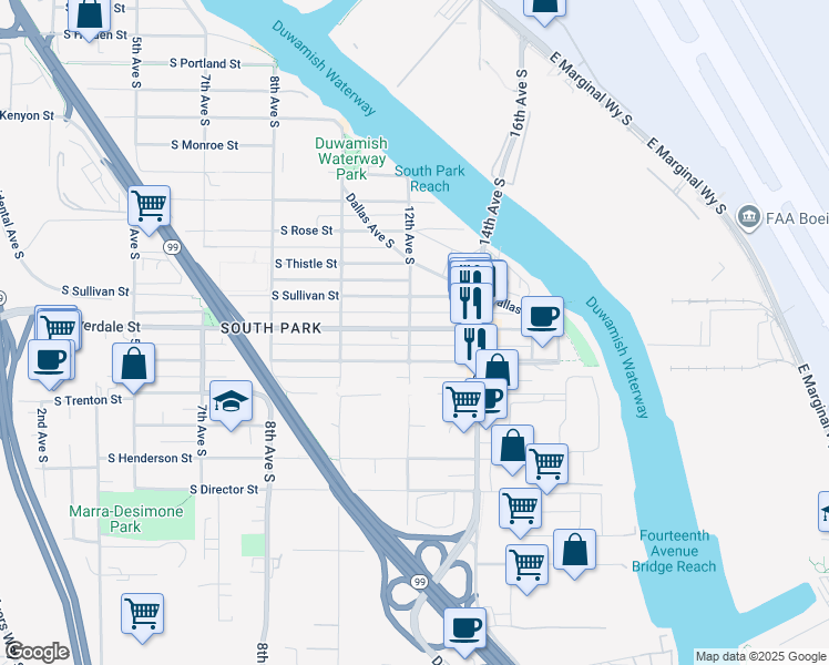map of restaurants, bars, coffee shops, grocery stores, and more near 1202 South Donovan Street in Seattle