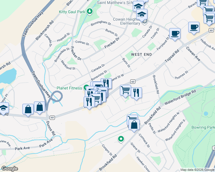 map of restaurants, bars, coffee shops, grocery stores, and more near 99 Ferryland Street West in St. John's