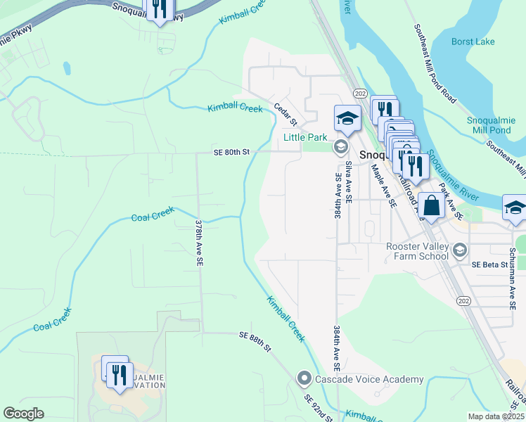 map of restaurants, bars, coffee shops, grocery stores, and more near 8215 382nd Avenue Southeast in Snoqualmie