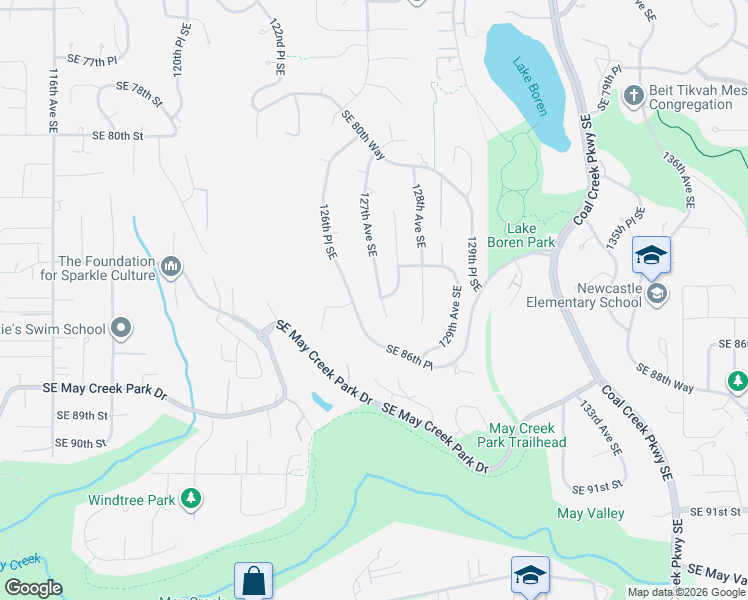 map of restaurants, bars, coffee shops, grocery stores, and more near 8445 127th Avenue Southeast in Newcastle
